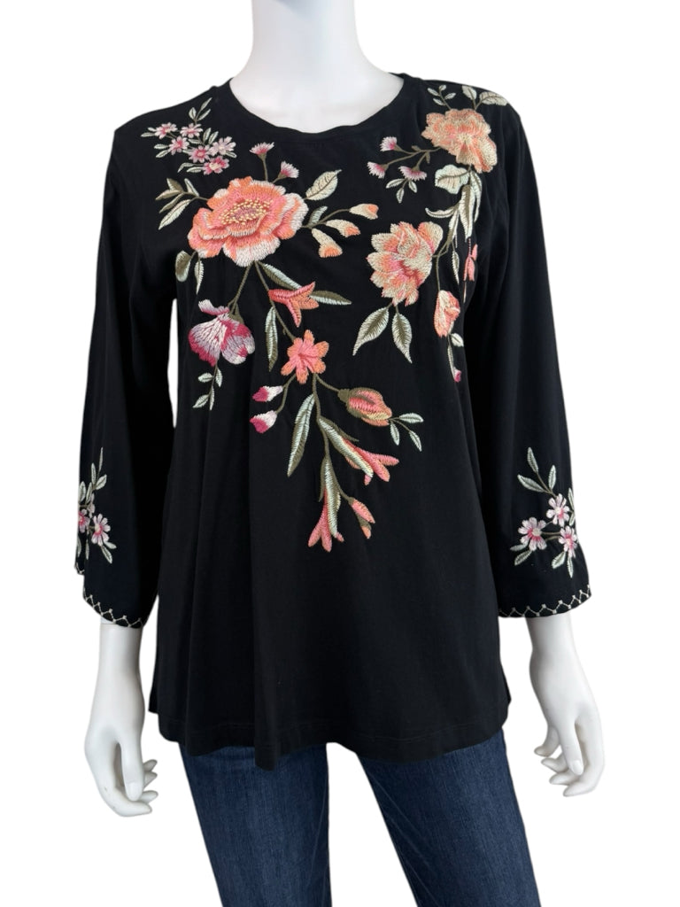Johnny Was Black Embroidered Vienna Kimono Sleeve Tee Size M