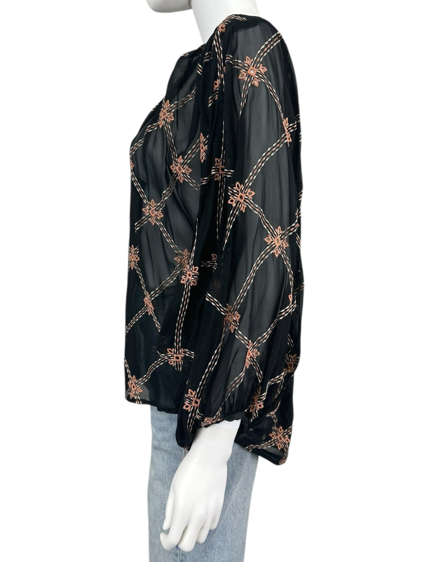 Johnny Was NWT Black Sheer Print Iman Blouse Size S