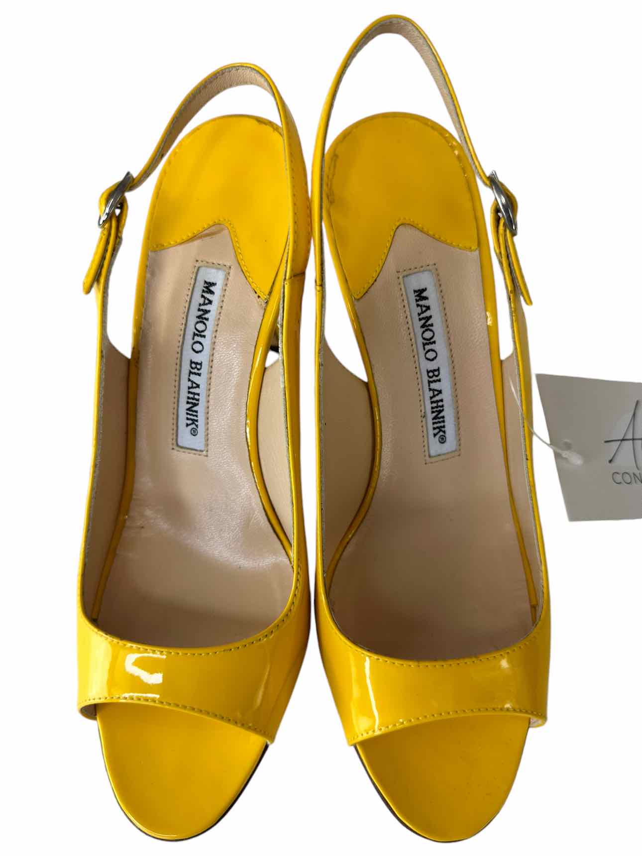 Manolo Blahnik Yellow THEYMESLI Slingback Peep Toe Pumps Size 36.5