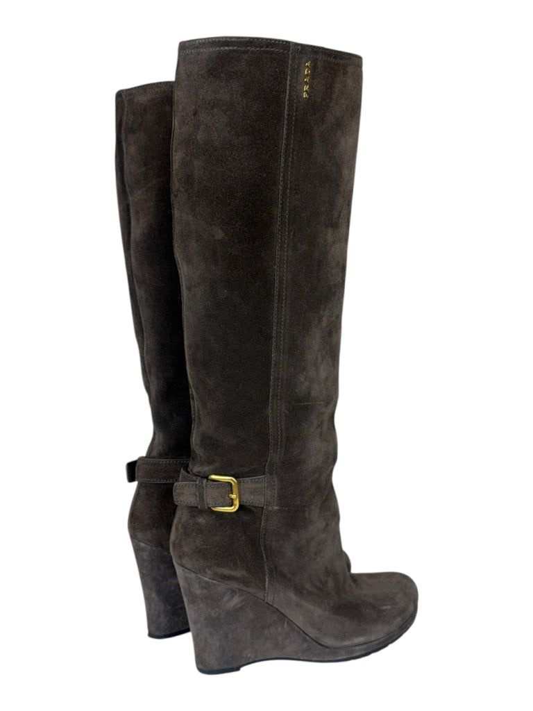 PRADA Brown Suede Wedge Knee Boots Size 7