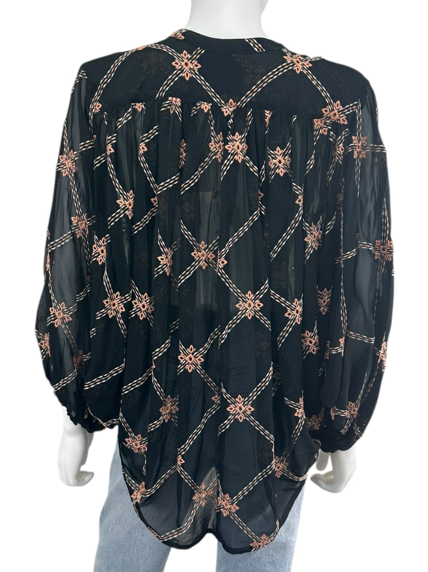 Johnny Was NWT Black Sheer Print Iman Blouse Size S