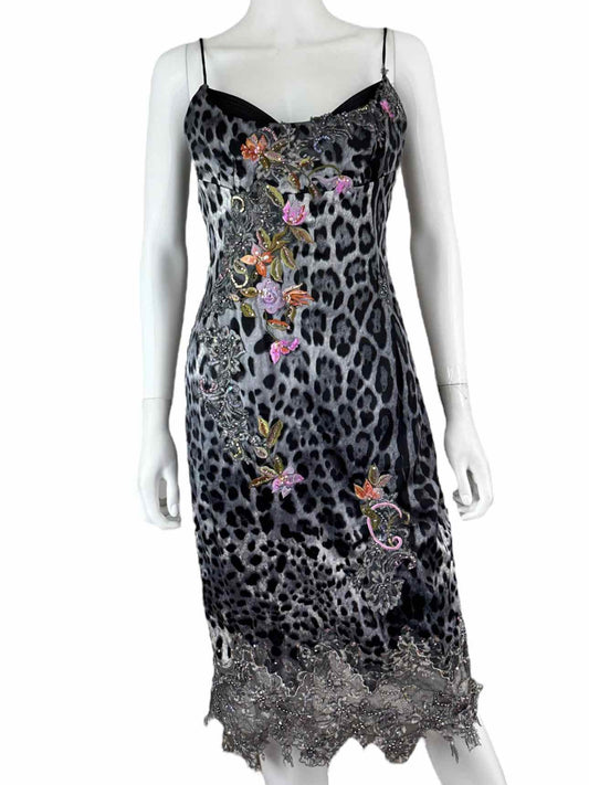 Mandalay Gray Leopard Print Embroidered Midi Dress Size 10