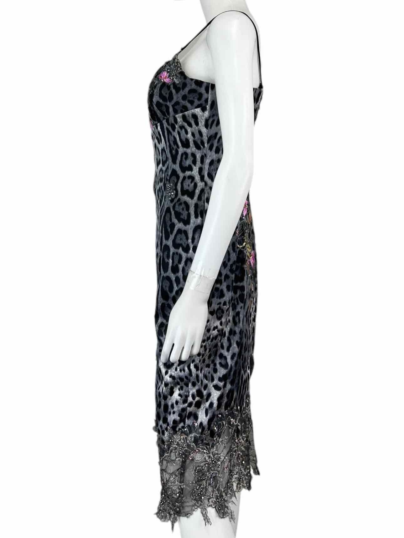 Mandalay Gray Leopard Print Embroidered Midi Dress Size 10