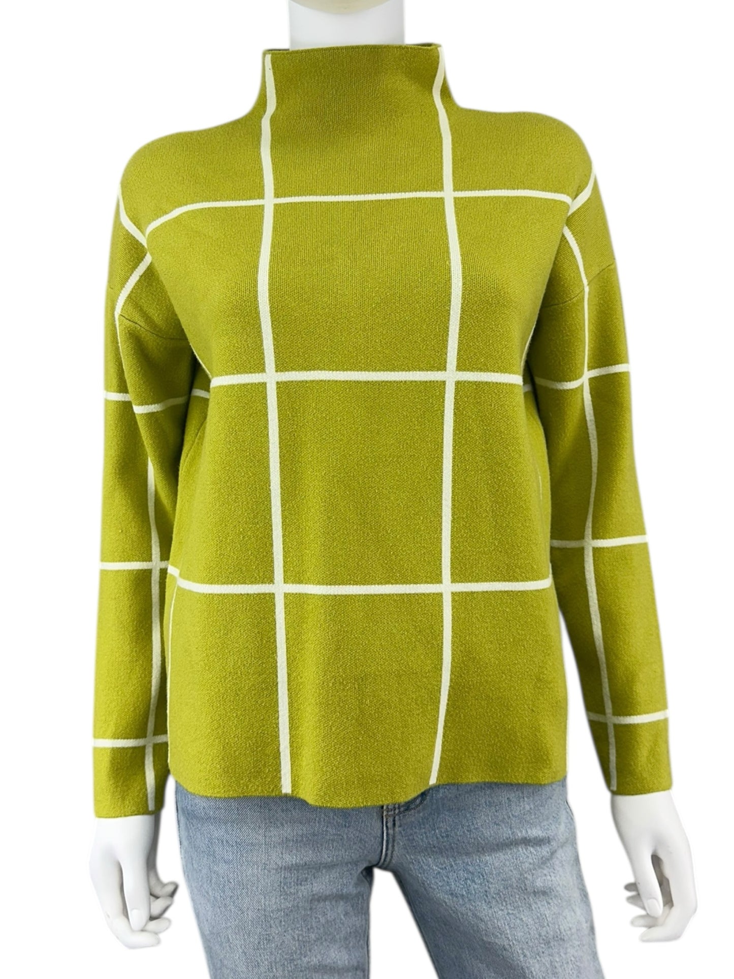TAHARI Chartreuse Check Mock Neck Sweater Size M