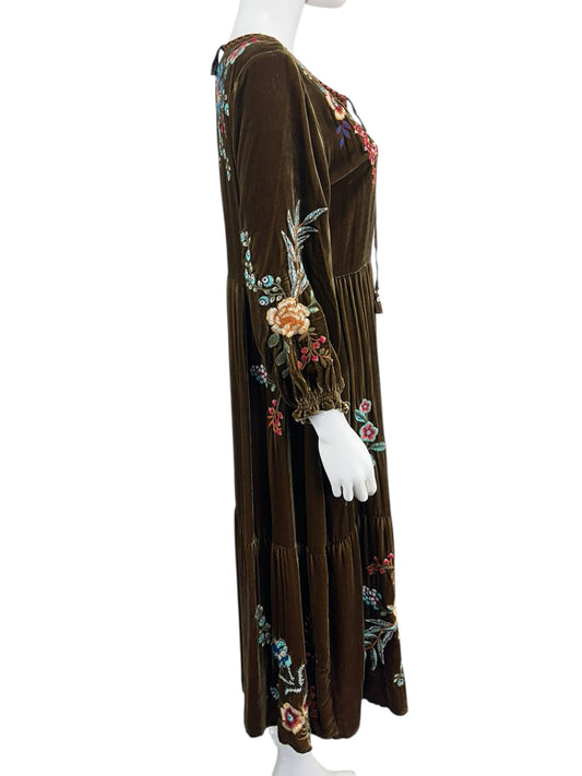 Johnny Was Green Velvet Embroidered 'Taline' Maxi Dress Size S