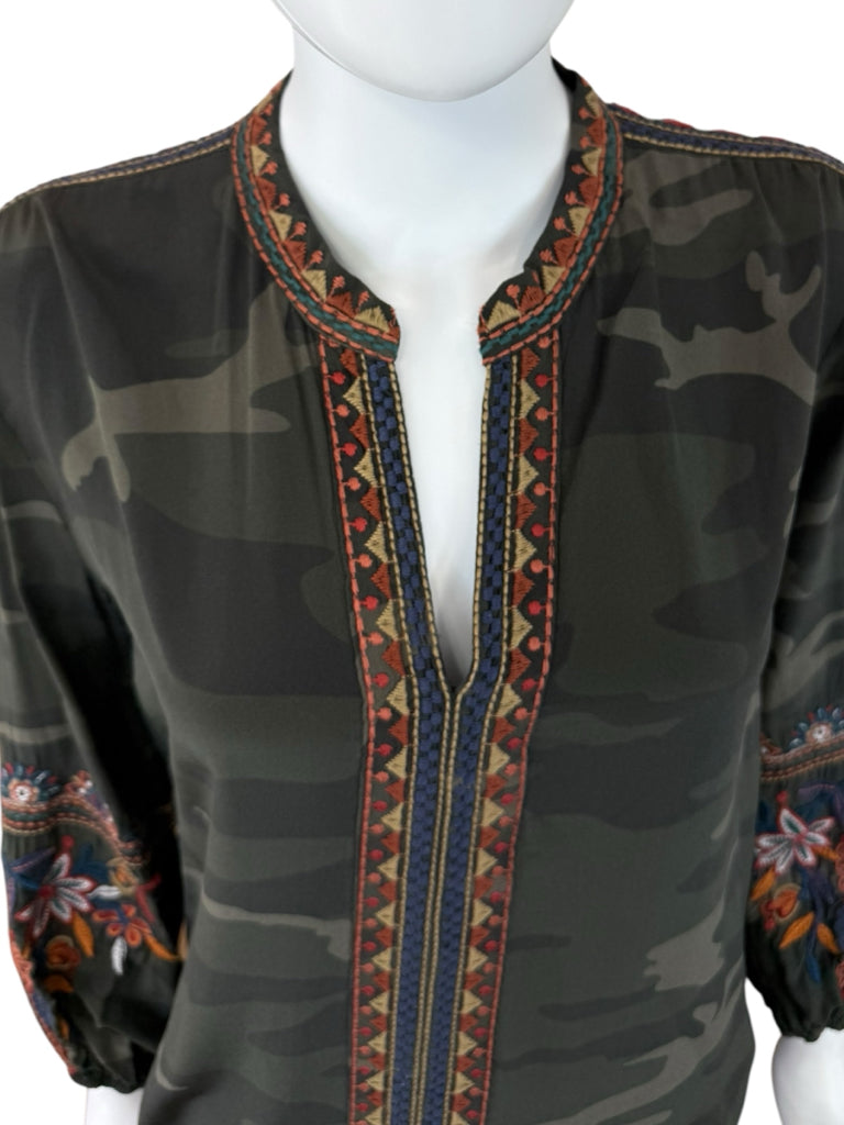 Johnny Was 100% Silk Green Camo Laila Paris Blouse Size S
