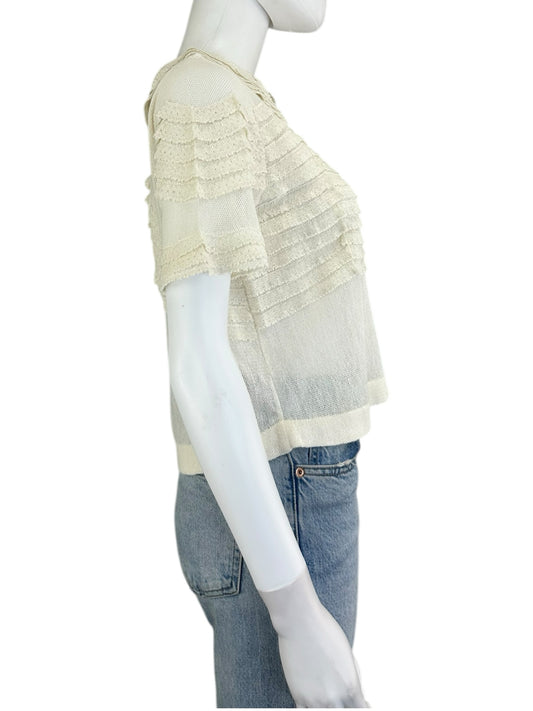 THE GREAT. Cream Cropped Lace Trimmed Blouse Size 0