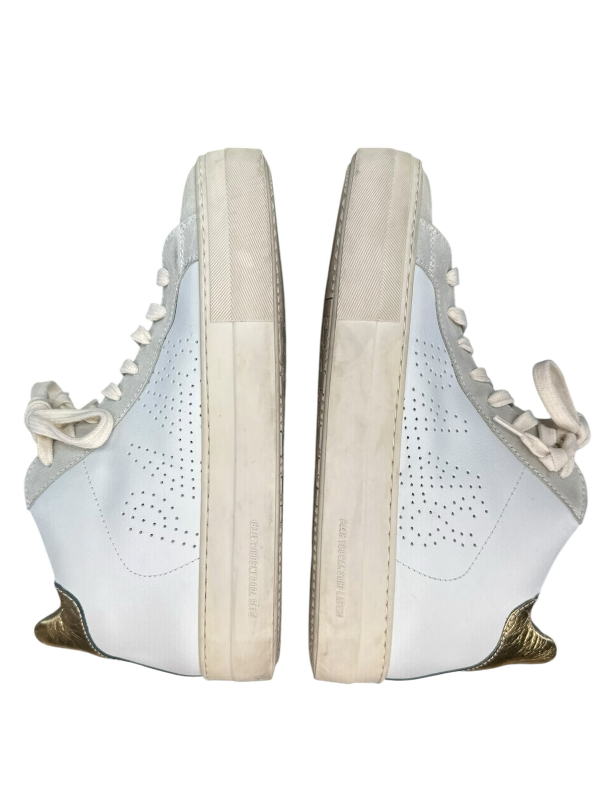 P448 Thea Mid Millenium Platform Sneakers in White, Gold & Suede Size 39