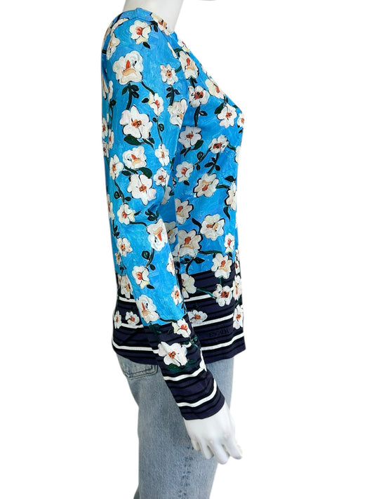 ESCADA Blue Floral Long Sleeve Top Size S