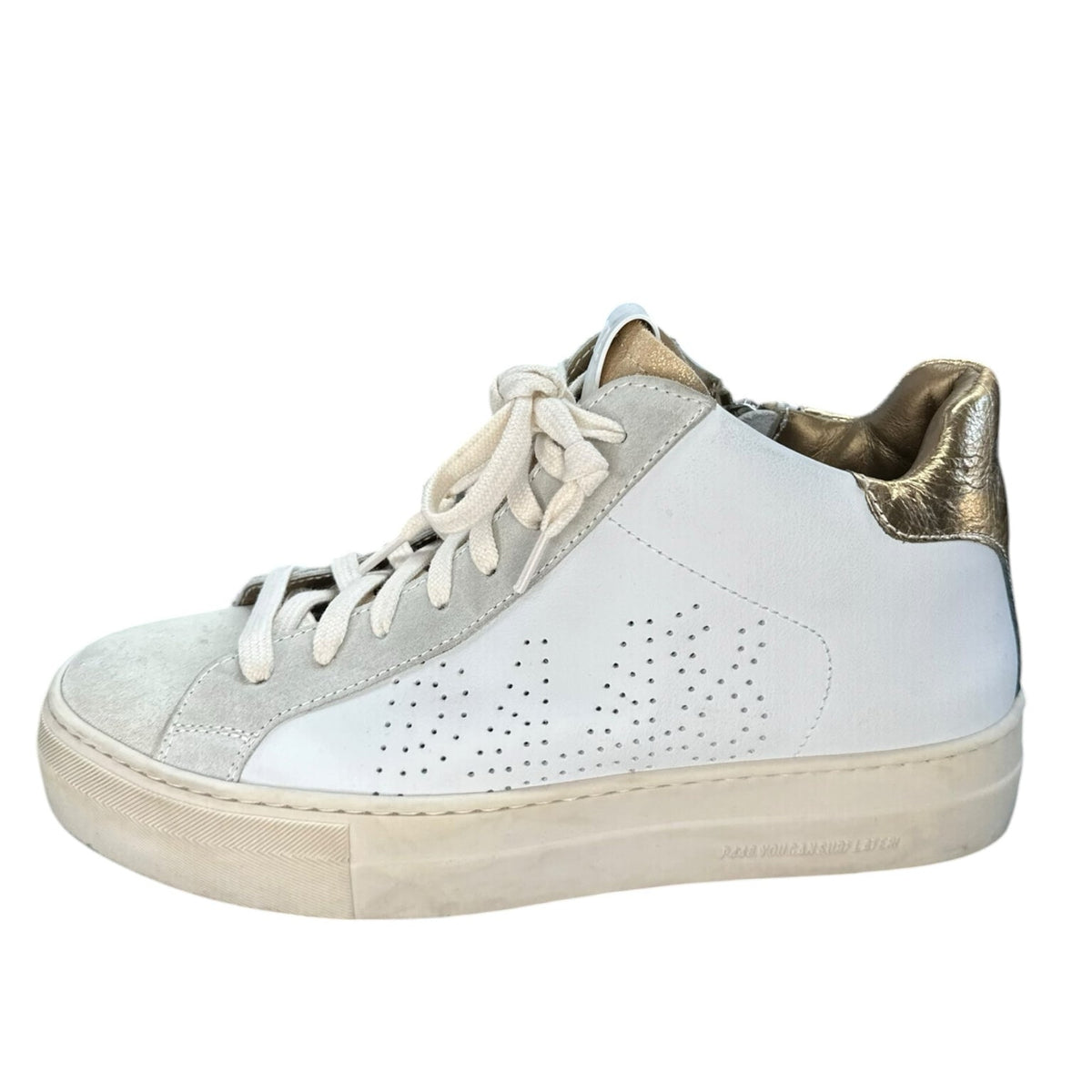 P448 Thea Mid Millenium Platform Sneakers in White, Gold & Suede Size 39