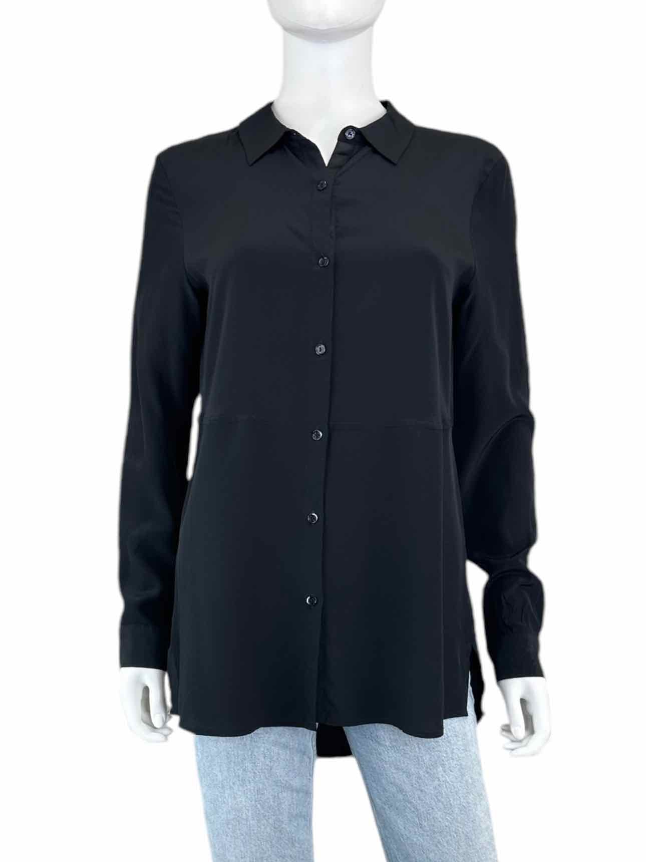 ecru 100% Silk Black Button-Down Shirt Size S