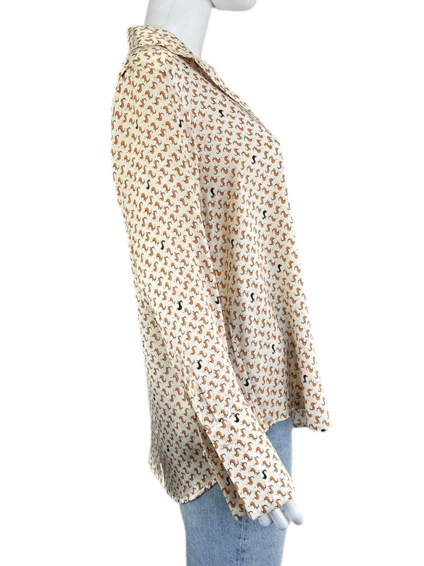 catherine gee Cream Patterned Button Down 100% Silk Size S