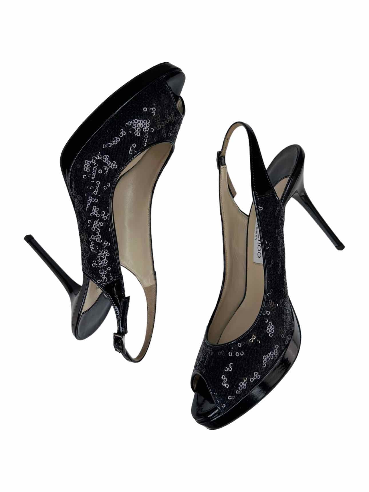 JIMMY CHOO Black Sequin Nova Glitter Slingback Pumps Size 38