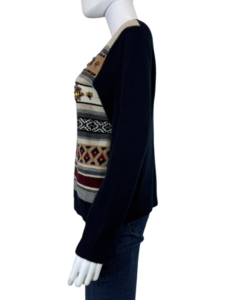J. Crew Navy Jeweled Fair Isle Wool Sweater Size L
