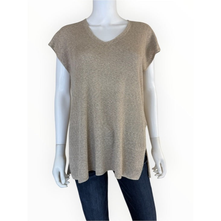 Eileen Fisher Beige Organic Linen Delave V-Neck Top Size S