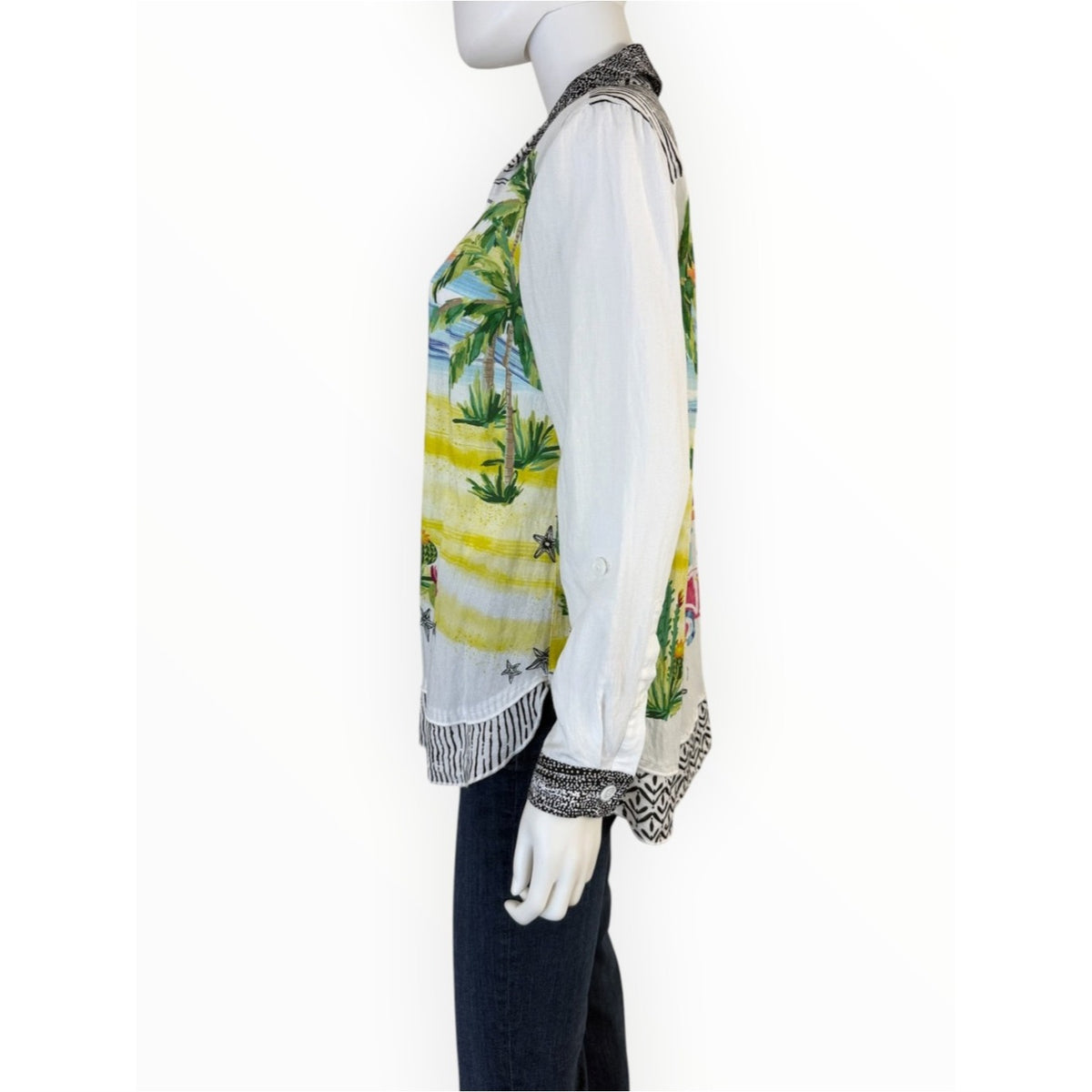 John Mark Beach Novelty Print Button Front Tunic Blouse Resort Size S