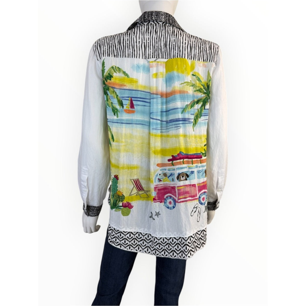 John Mark Beach Novelty Print Button Front Tunic Blouse Resort Size S