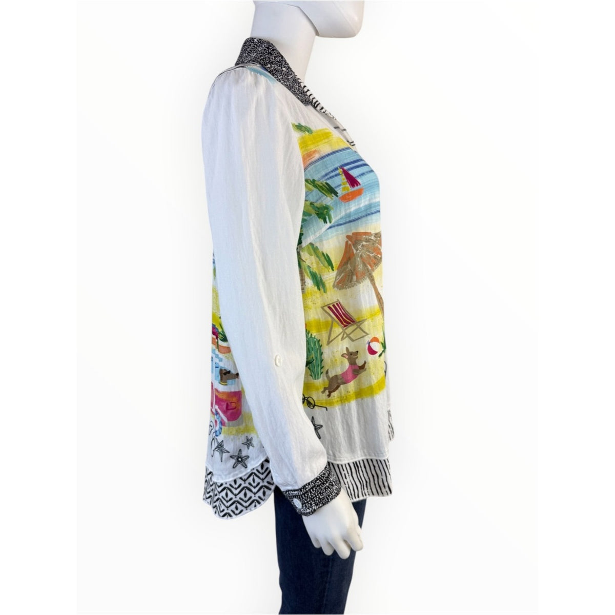 John Mark Beach Novelty Print Button Front Tunic Blouse Resort Size S