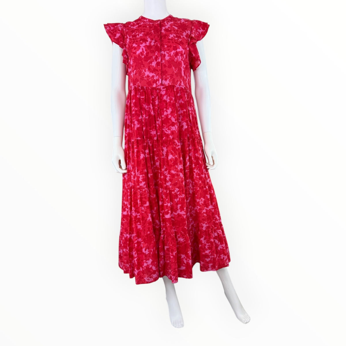 Karlie Red Floral Maxi Dress With Flutter Sleeves And Tiered Skirt Size S