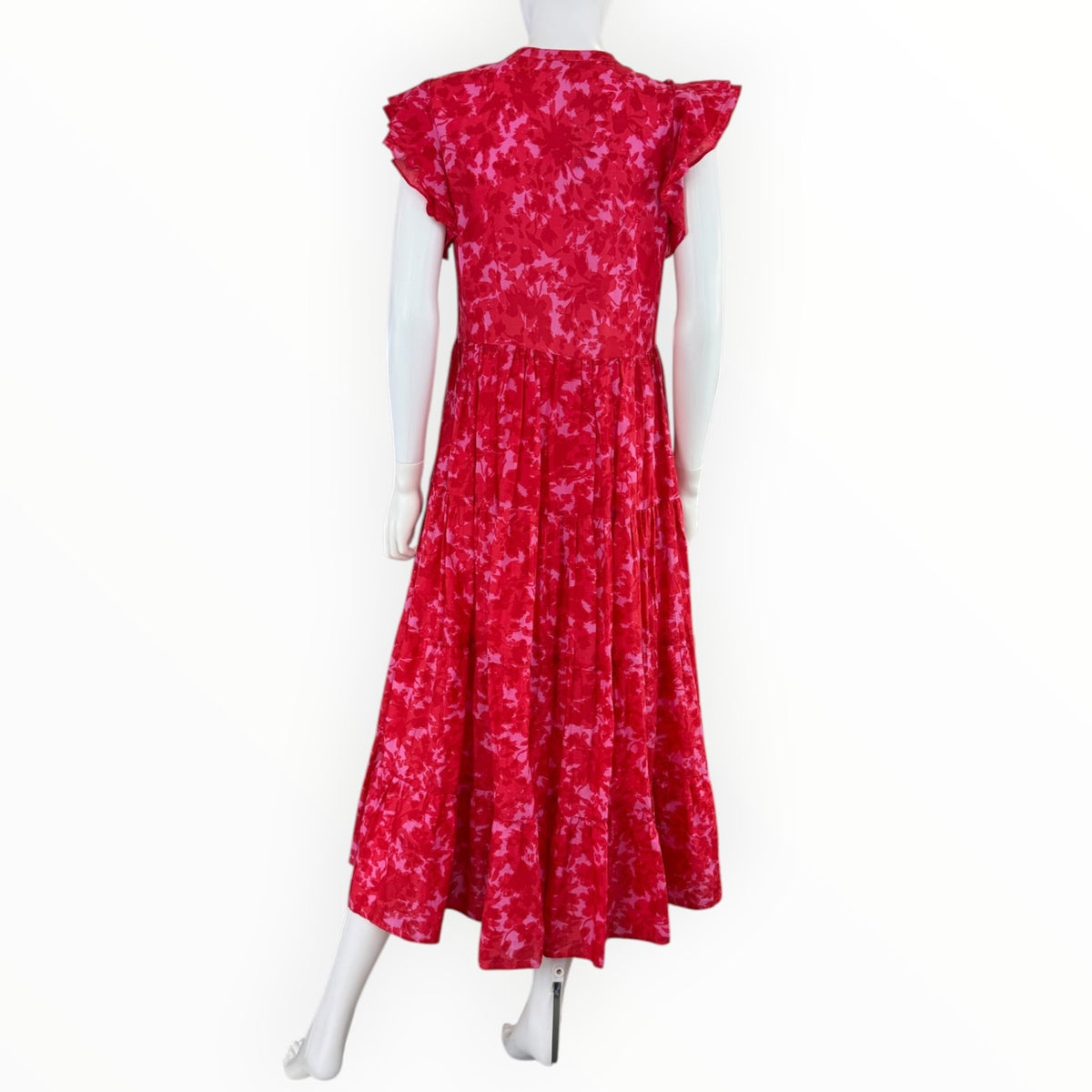Karlie Red Floral Maxi Dress With Flutter Sleeves And Tiered Skirt Size S