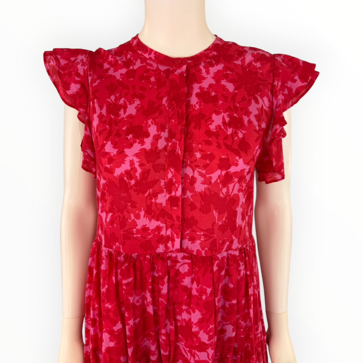 Karlie Red Floral Maxi Dress With Flutter Sleeves And Tiered Skirt Size S