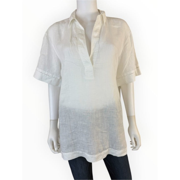 Lafayette 148 New York White "Pippen" Linen Blouse Size L