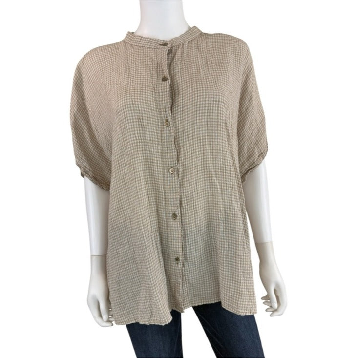Eileen Fisher Brown Plaid 100% Organic Linen Button-down Top Size 2X