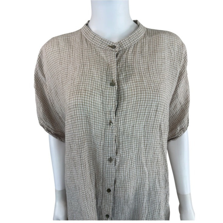 Eileen Fisher Brown Plaid 100% Organic Linen Button-down Top Size 2X