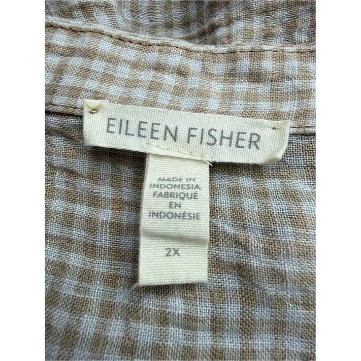 Eileen Fisher Brown Plaid 100% Organic Linen Button-down Top Size 2X
