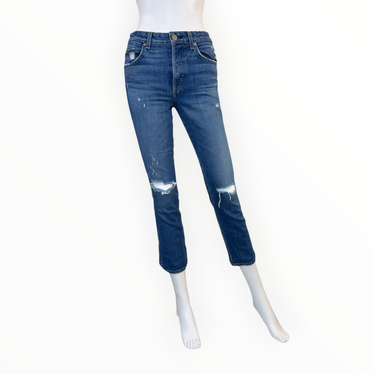 AMO Babe High Rise Slim Straight Jeans Thrifted W/ Destroy Blue Size 26