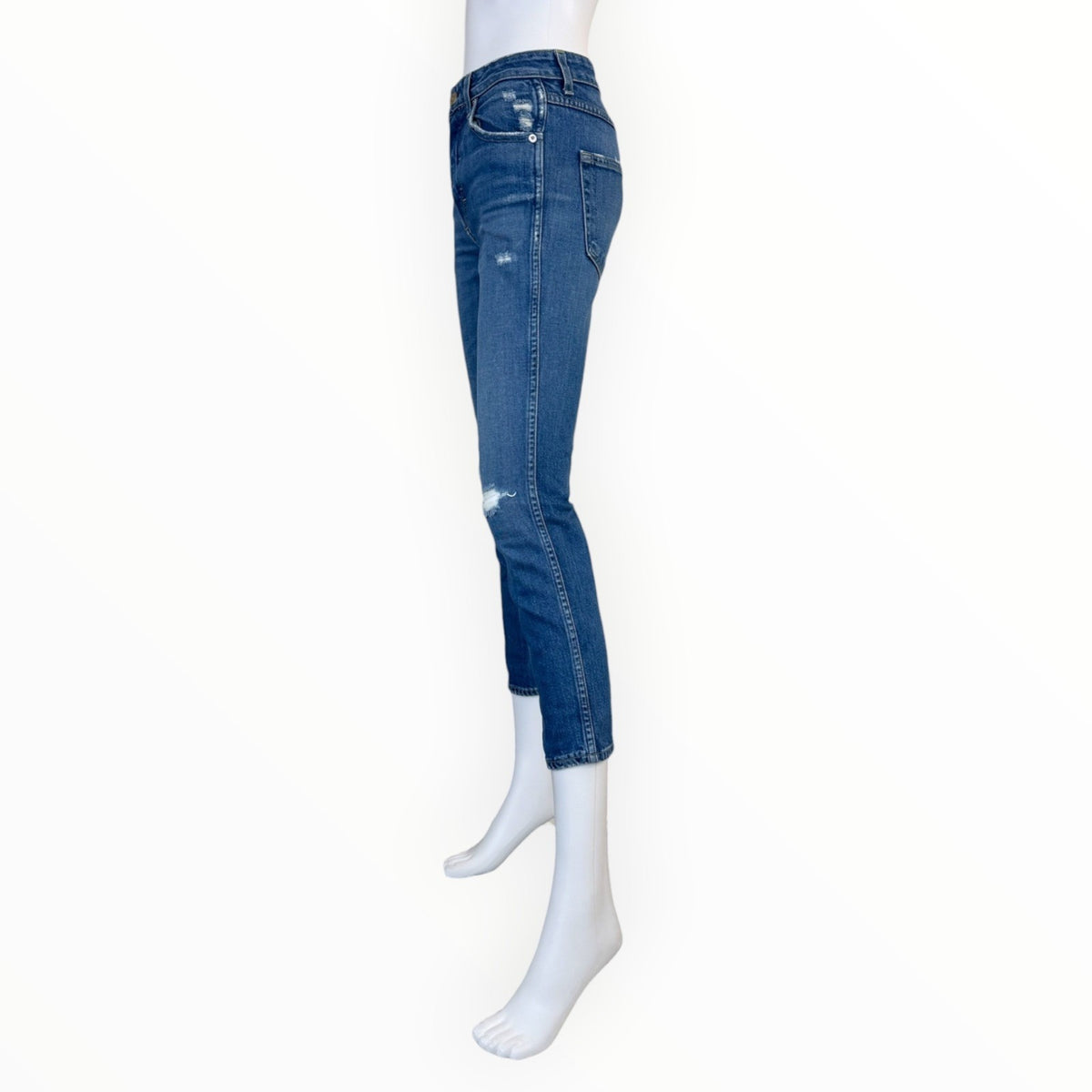 AMO Babe High Rise Slim Straight Jeans Thrifted W/ Destroy Blue Size 26