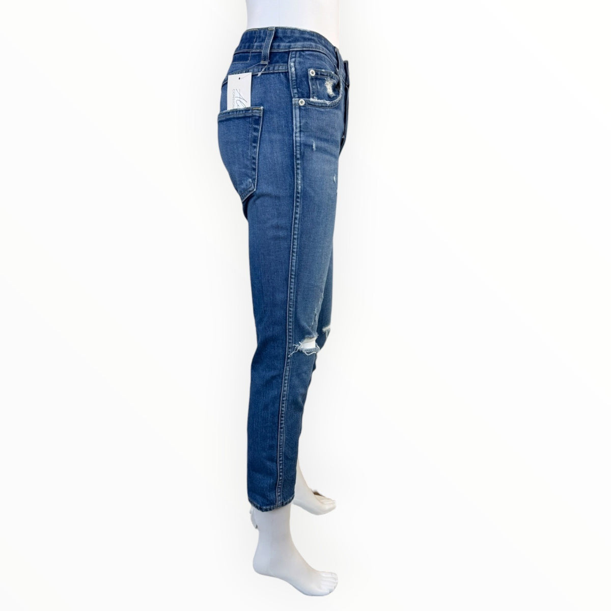 AMO Babe High Rise Slim Straight Jeans Thrifted W/ Destroy Blue Size 26