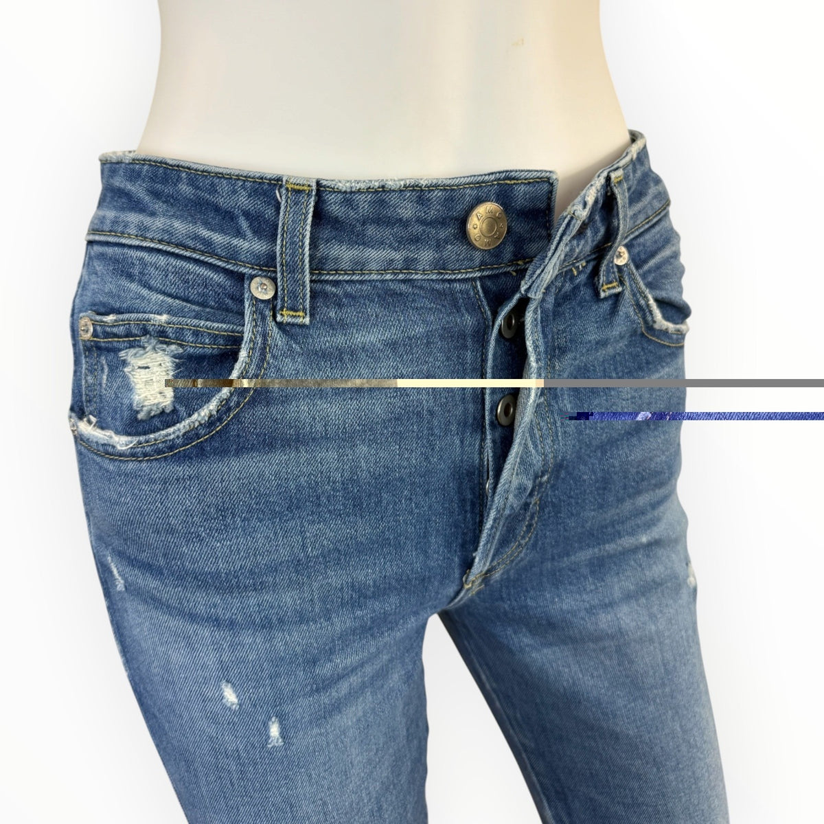 AMO Babe High Rise Slim Straight Jeans Thrifted W/ Destroy Blue Size 26