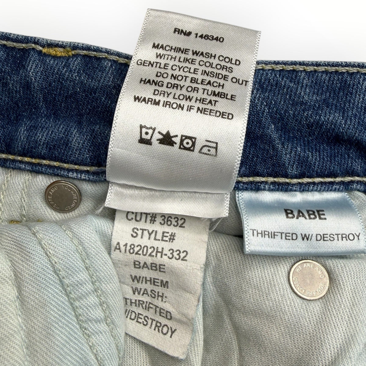 AMO Babe High Rise Slim Straight Jeans Thrifted W/ Destroy Blue Size 26