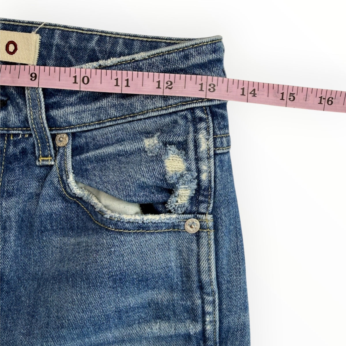 AMO Babe High Rise Slim Straight Jeans Thrifted W/ Destroy Blue Size 26