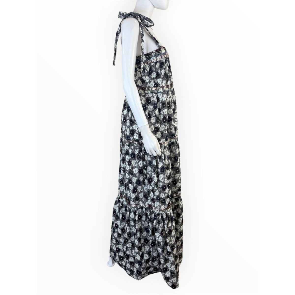 Warm Clothing Big Love Black Floral Tie Strap Tiered Maxi Dress Size M