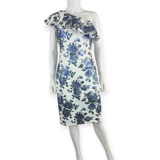 Eliza J Metallic One-Shoulder Floral Print Ruffle Pencil Dress Size 6