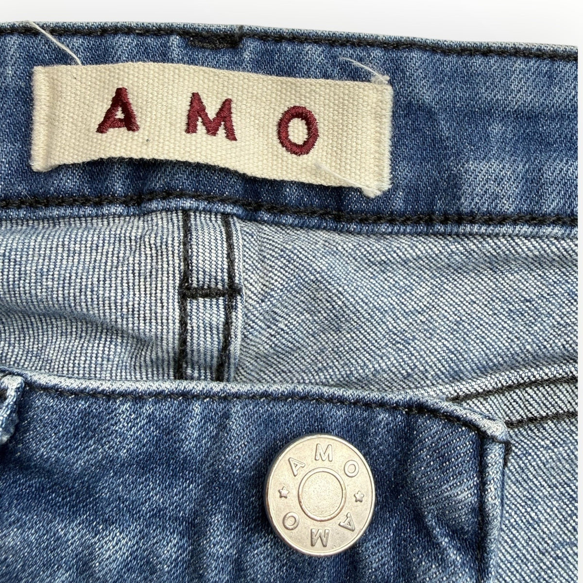 AMO Kate Mid Rise Slim Straight Jeans Blue Gem Medium Wash Stretch Size 26