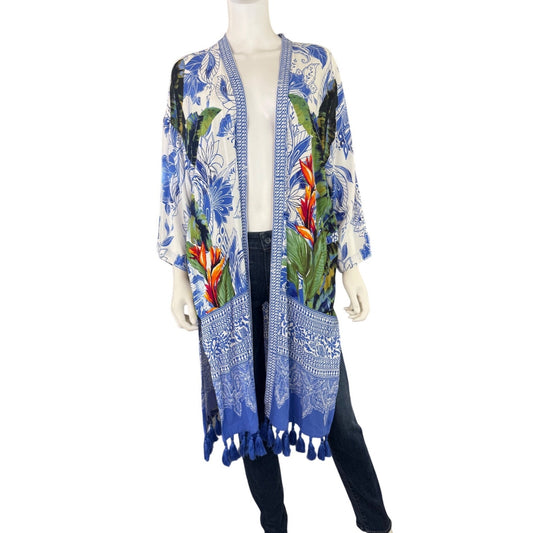 Chicos Floral Tassel Kimono Cardigan S/M Rayon Blend Lightweight Cover-Up