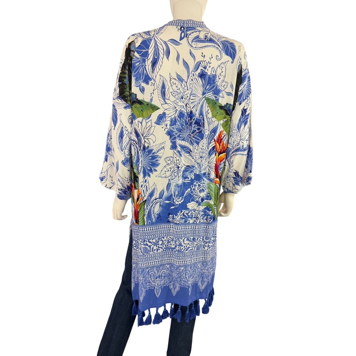 Chicos Floral Tassel Kimono Cardigan S/M Rayon Blend Lightweight Cover-Up