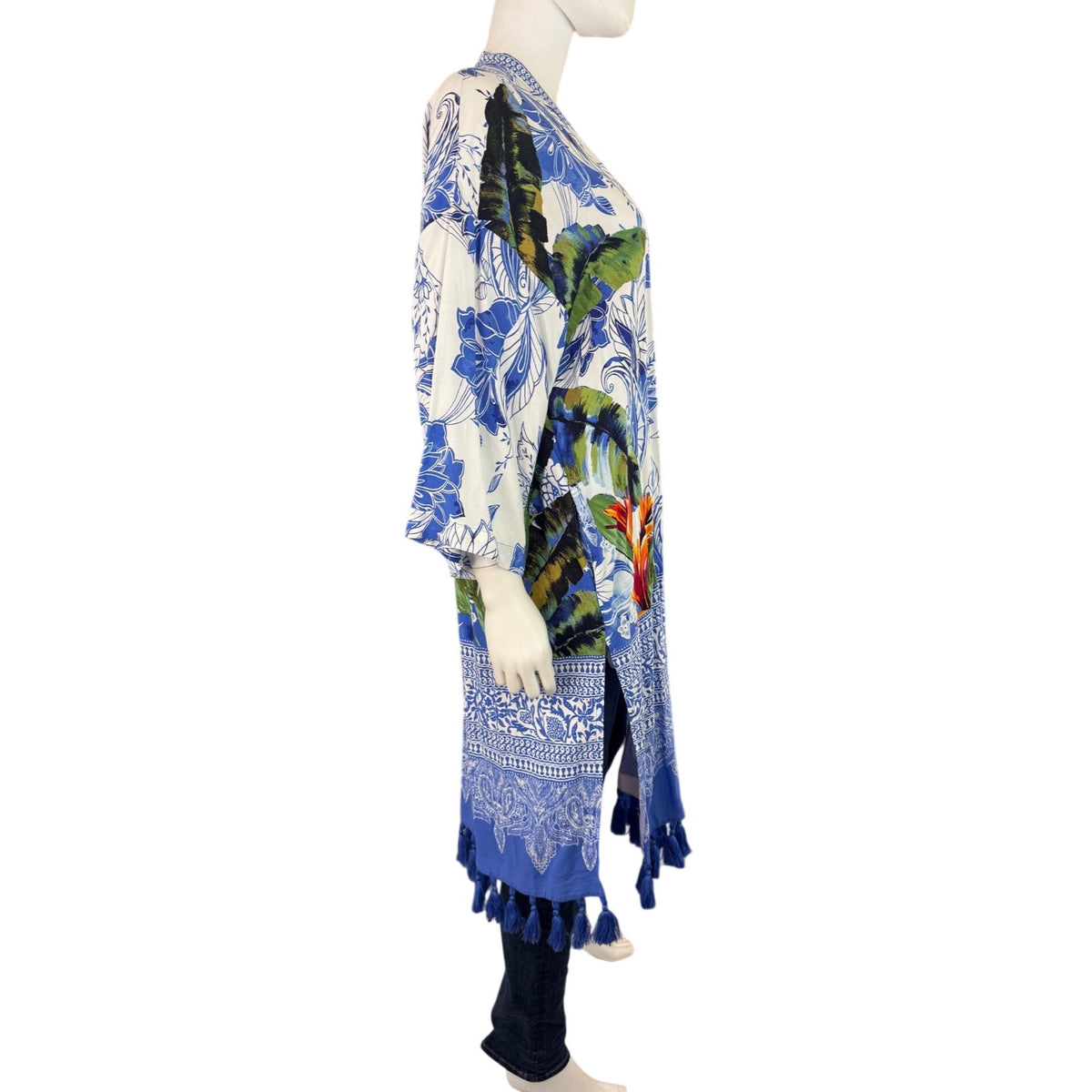 Chicos Floral Tassel Kimono Cardigan S/M Rayon Blend Lightweight Cover-Up