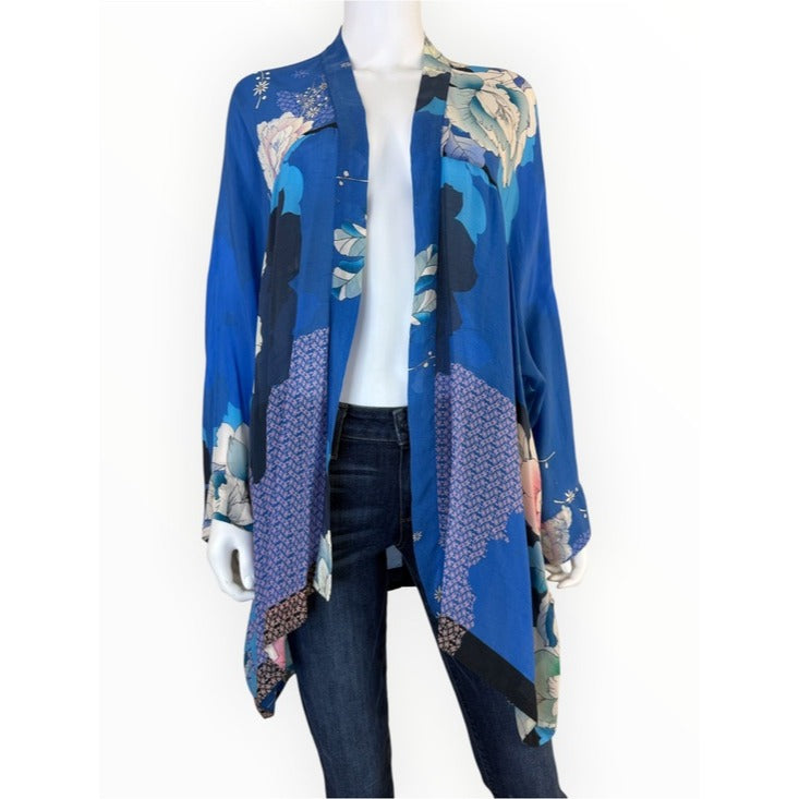 Johnny Was Blue Dolce Floral-Print Georgette Kimono Jacket Size 1X