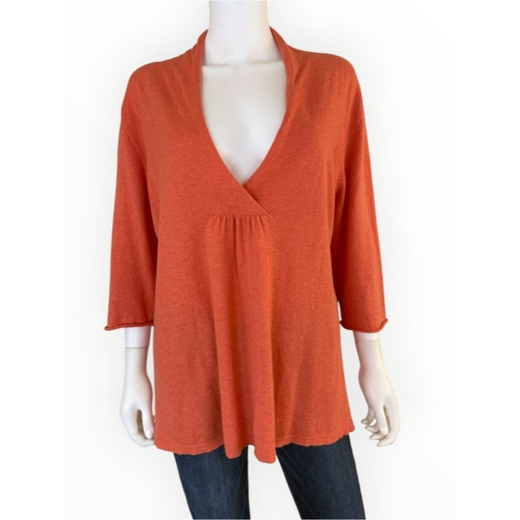 Eileen Fisher Soft Melon Orange Cotton & Cashmere V-Neck Sweater Size XL