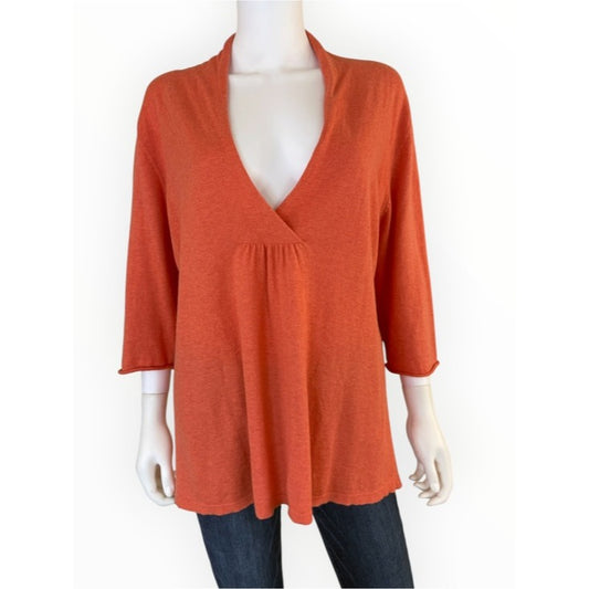 Eileen Fisher Soft Melon Orange Cotton & Cashmere V-Neck Sweater Size XL