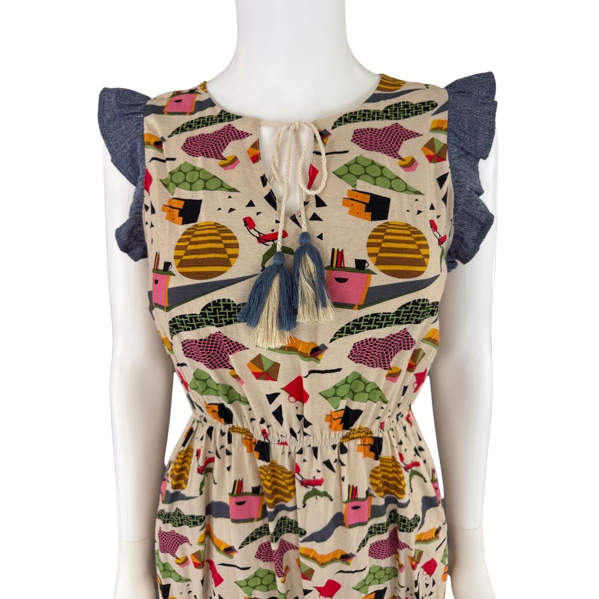 THML Womens Sleeveless Abstract Print Dress With Denim Trim - Size S
