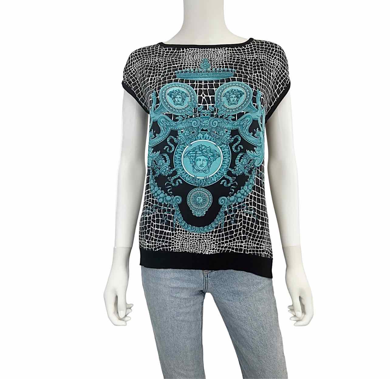 VERSACE Black Silk Print Knit Top Size M