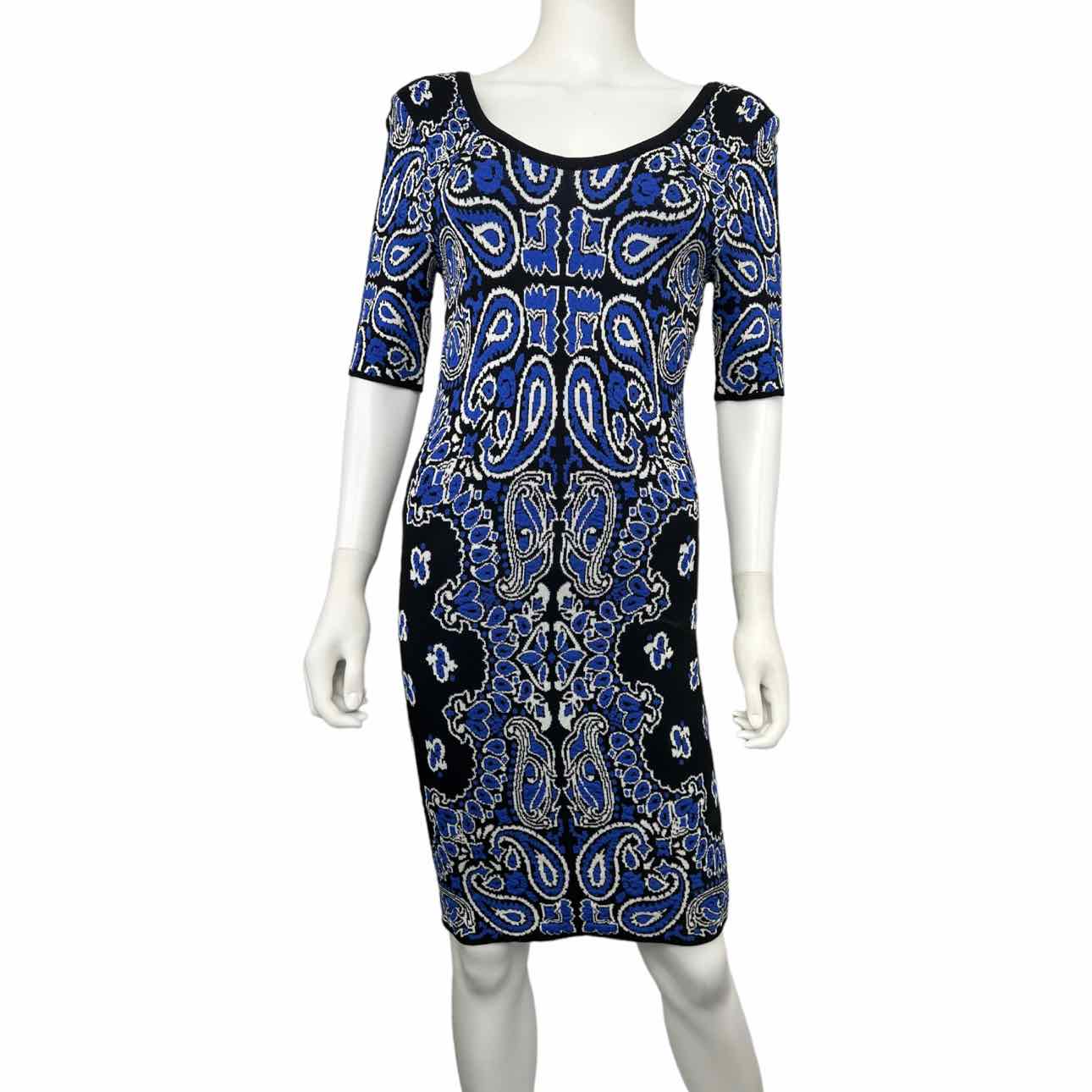 TORN by Ronny Kobo Blue Midi Sweater Dress, blue paisley pattern sweater dress