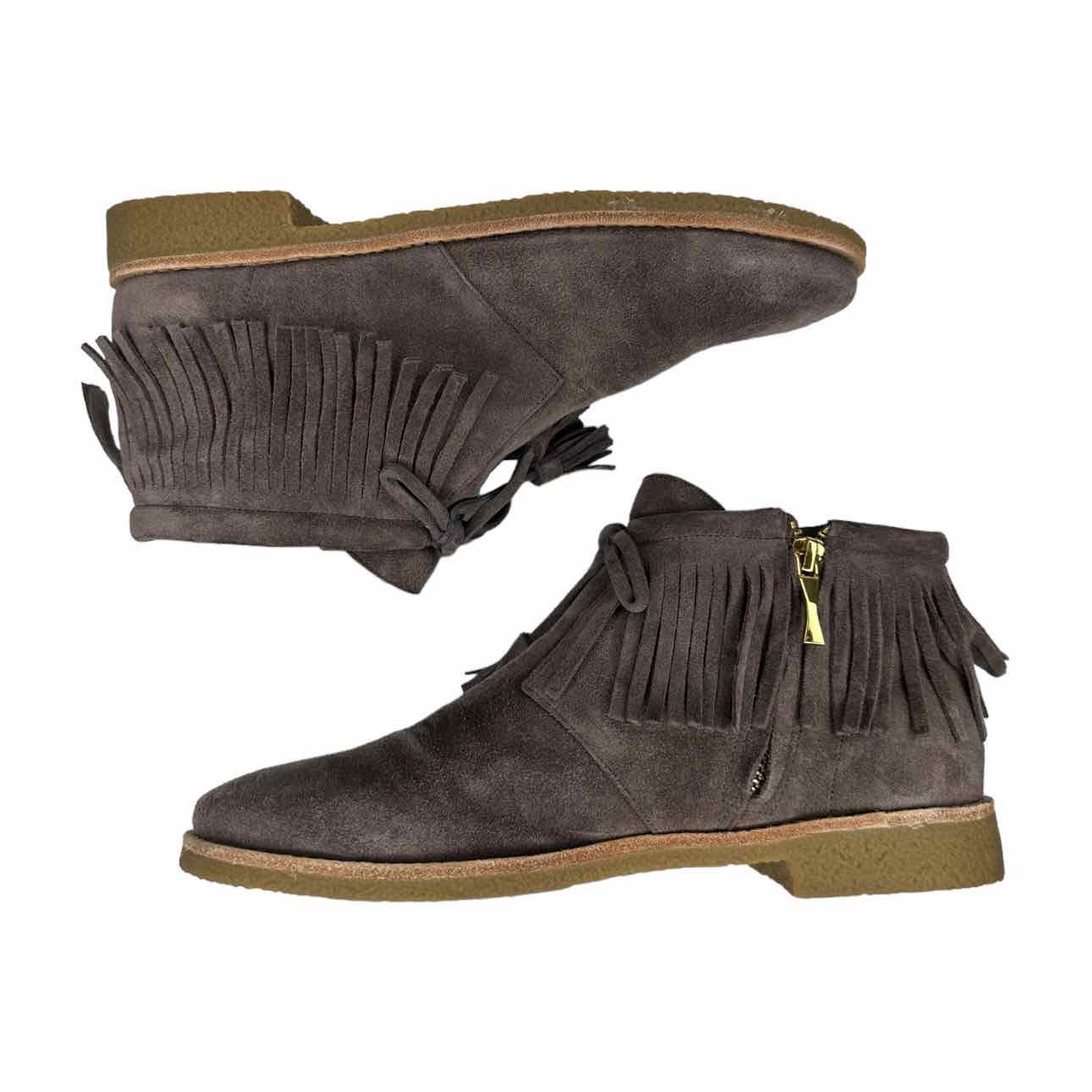 Kate Spade Charcoal Suede BITSY Fringe Bootie, neutral suede leather boot