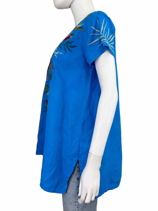 Johnny Was Blue 100% Linen Embroidered Top Size S