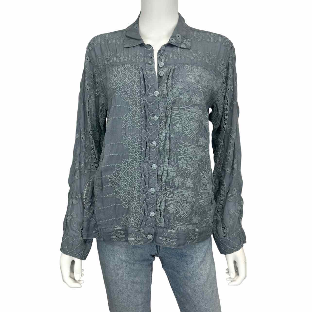 Johnny Was Grey Embroidered Button Down Size S